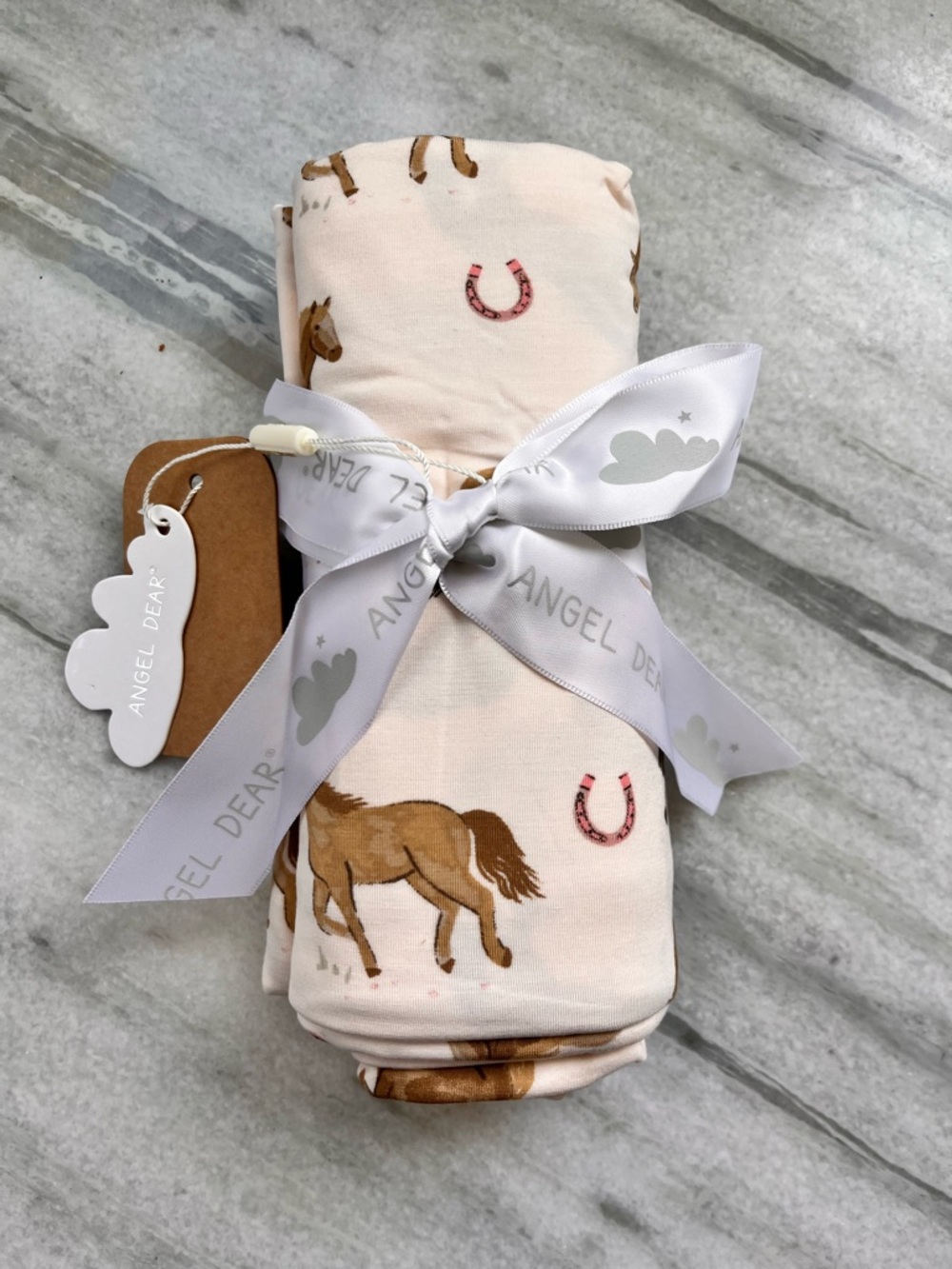 Angel Dear Swaddle - Horse & Horseshoe Print in Blush